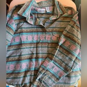 Cabin Creek Green and Pink Casual Button Down Shirt with Geometric Patterns